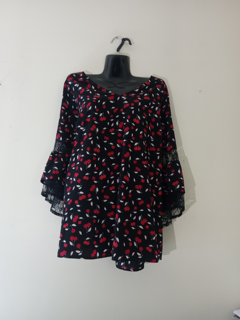 Lane Bryant Black Cherry Bell-Sleeve Blouse with Red and White Accents
